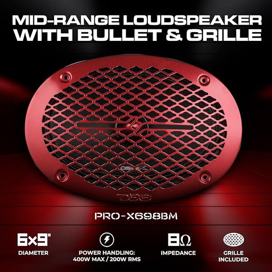 DS18 PRO-X698 BM Loudspeaker - 6x9", Midrange, Red Aluminum Bullet, 400W Max, 200W RMS, 8 Ohms - Premium Quality Audio Door Speakers for Car,Truck and Motorcycle Stereo Sound System (1 Speaker)