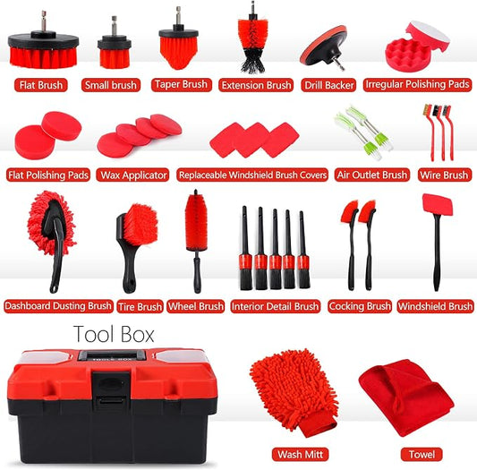 35Pcs Car Detailing Kit & Car Cleaning Kit – Windshield Tool, Long Wheel Brush & 2 Angled Brushes, 4 Polishing Pads & 4 Wax Pads – Red Tool Box – Gift for Men (B:35PCS-R)