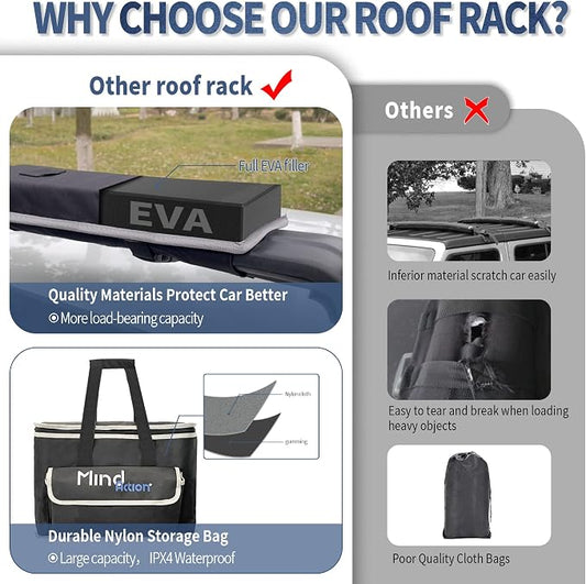 Universal Car Soft Roof Rack for Kayak/Canoe/Surfboard/SUP/Snowboard,Roof Rack Pads Carrier System Include 2 16FT Tie Down Straps,2 Ratchet Pulley Ropes,2 Hood Loops and Storage Bag οΌwith CrossbarοΌ