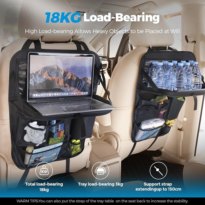 Tsumbay Backseat Car Organizer with Foldable Tray, 9 Pockets, Kick Mat Seat Protector, 18KG Capacity, Waterproof Oxford Fabric for Kids, Family Travel - for Car, SUV, Van (Oxford-2Pck)