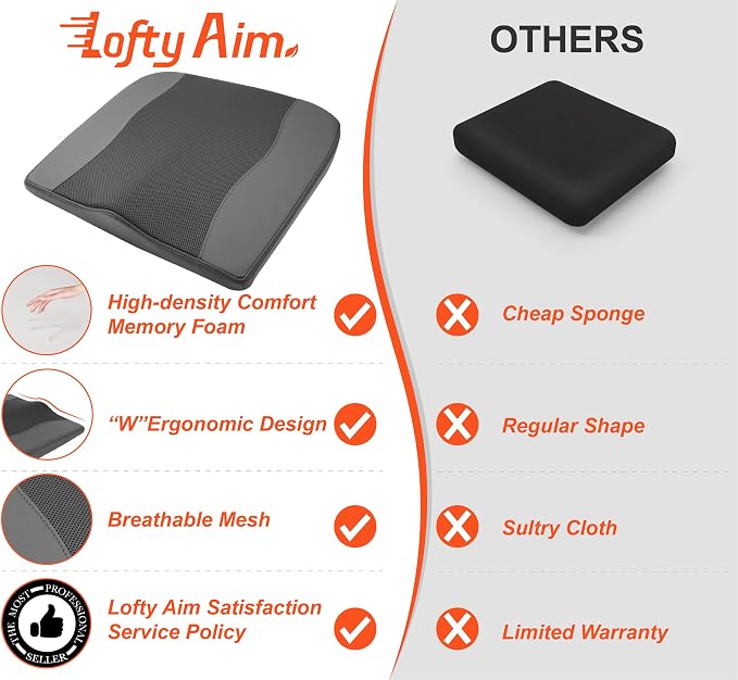 Lofty Aim Car Seat Cushion, Comfort Memory Foam Car Cushions for Driving - Sciatica & Lower Back Pain Relief, Driver Seat Pillow for Auto, Office Chair, Wheelchair - Obsidian Speck Black