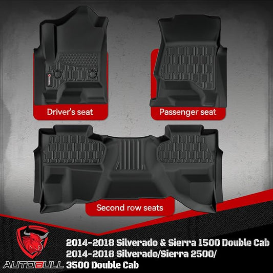 Floor Mats Compatible with 2014-2018 Chevrolet Silverado & GMC Sierra 1500 2500 3500 Double Cab, All Weather TPE Floor Liners, Custom Fit Car mats, 1st & 2nd Row, Black