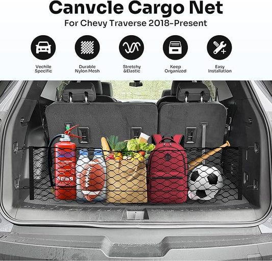 Canvcle Trunk Cargo Net for 2018-2025 2026 Chevrolet/Chevy Traverse Accessories Envelope Style Mesh Trunk Net Organizer and Storage Stretchable Adjustable Elastic Nylon Rear Cargo Netting with Hooks