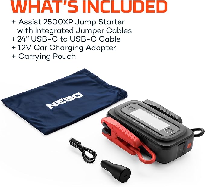NEBO Assist 2500A Jump Starter | 2500 Peak Amps, Portable Battery Booster Pack for 12V Vehicles, Spark-Proof, USB-C Rechargeable Power Bank, LED Emergency Light, Compact 3-in-1 Roadside Kit