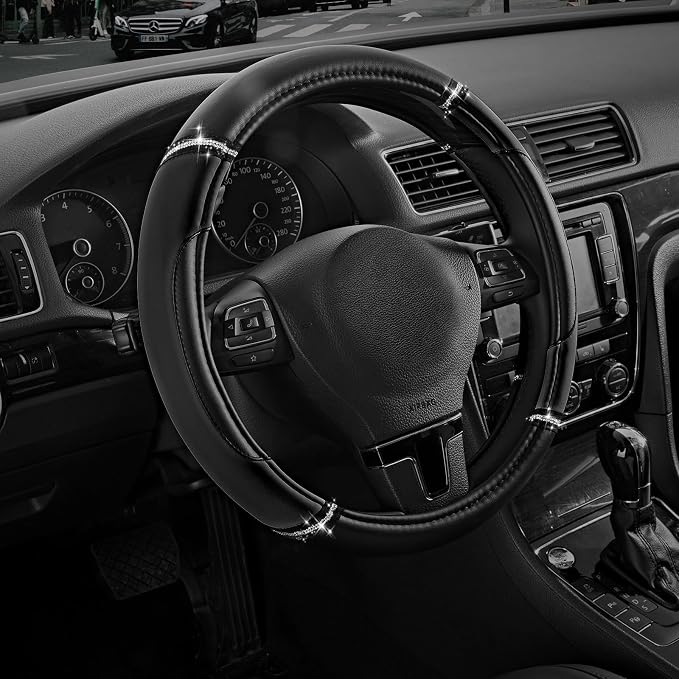 Road Comforts Leather Steering Wheel Cover - Made with PVC Leather - Anti-Slip, Universal Fit 14 1/2 inches to 15 inches - Black