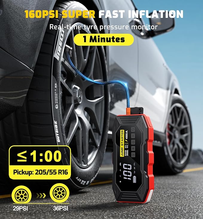 Jump Starter with Air Compressor 4000A Portable Car Battery Jump Starter (All Gas/10L Diesel), 160PSI Auto-Shutoff Tire Inflator Air Compressor, SuperSafe 12V Jump Box Car Battery Jumper Booster