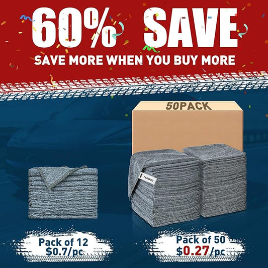 TEAWOO Microfiber Cleaning Cloths Bulk-50 Pack, Gray Microfiber Towels for Cars, Ultra Absorbent Microfiber Towel Weave Grime & Liquid for Streak-Free Mirror Shine - Car Washing Cloth, 12x12 inches