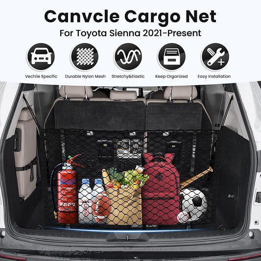 Canvcle Trunk Cargo Net for Toyota Sienna 2021-2025 2026 Accessories Envelope Style Mesh Trunk Net Organizer and Storage Stretchable Adjustable Elastic Nylon Rear Cargo Netting with Hooks
