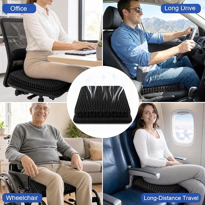 Gel Seat Cushion for Long Sitting – Double-Layer Honeycomb Cooling Chair Pad, Thick Supportive Gel Cushion with Breathable Non-Slip Cover for Office Chair, Car, Wheelchair & Long Sitting(Black)