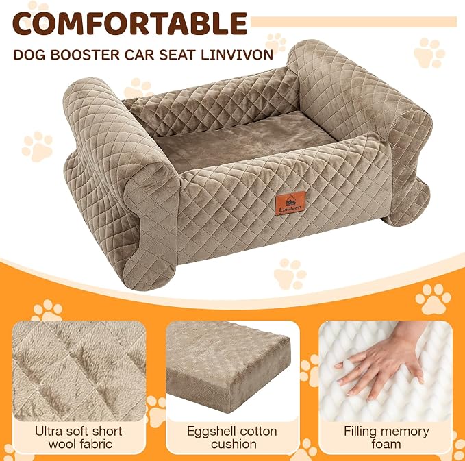 Dog Car Seat for Medium/Large Dogs up to 60 lbs, Memory Foam Dog Booster Seat with Thick Cushion, Pet Car Seat for Back with Detachable Washable Cover, Storage Pockets for SUV, Pick Up, Trunk, Khaki