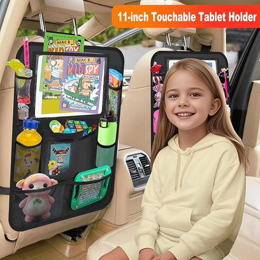 Car Backseat Organizer ,2 Pack Car Organizer Back Seat with 11" Tablet Holder, 10 Storage Pockets Seat Back Protectors Kick Mats for Kids Toddlers, Travel Accessories (Black)