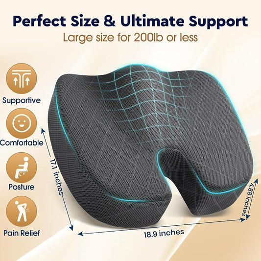 TushGuard Seat Cushion - for Office Chair, Car Seat, Airplane, Bleacher - Sciatica & Coccyx Pain Relief Desk Chair Cushion for Long Sitting Office Workers, Car Drivers(Grey, XXX-Large)