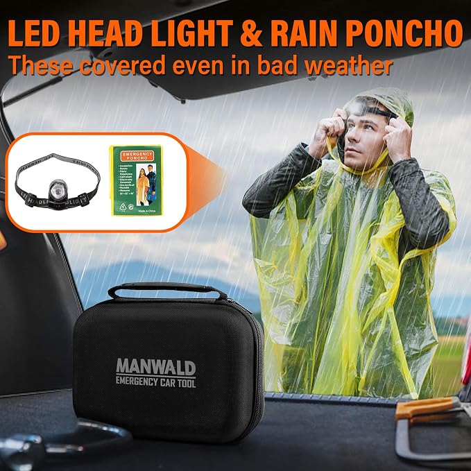 Emergency Car Tool Kit Roadside Assistance Tool Kit, Vehicle Safety Tool with Headlamp, Gloves and Jumper Cable Kit, Essential Car Accessories for Men, Women