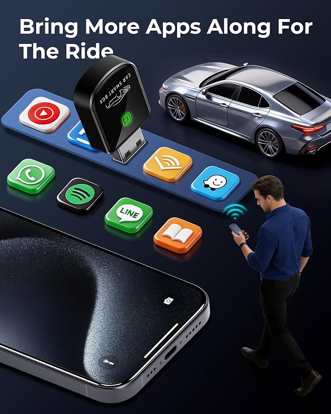 Wireless Carplay Adapter for iPhone Latest Upgrade, Tiny Bluetooth Dongle Convert Wired to Wireless for Apple Car Play Plug & Play, Zero-Lag Auto-Connect GPS Works With 2016+ Car(Ebony Black)