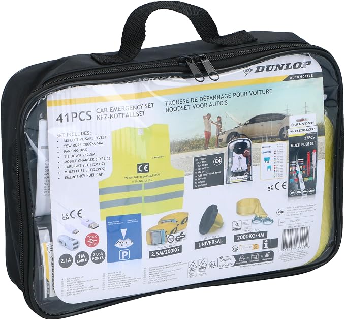 DUNLOP Car Set - Includes Safety Vest, Traction Cable, Clamping Strap and Parking Disc, Plus a Set of Car Fuses