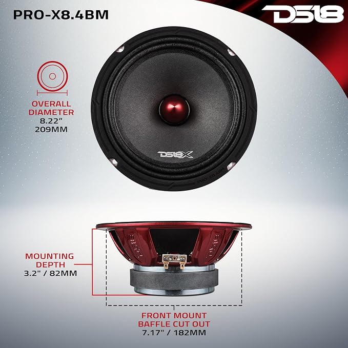 DS18 PRO-X8.4BM Loudspeaker - 8", Midrange, Red Aluminum Bullet, 550W Max, 275W RMS, 4 Ohms - Premium Quality Audio Door Speakers for Car or Truck Stereo Sound System (1 Speaker)
