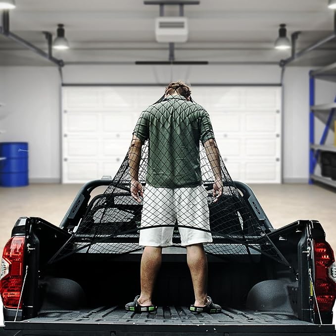 Cargo Net for Pickup Truck Bed, Trucks Cargo Net Mesh Organizer, 4'x4' Stretch to 7'x7' Highly Elastic Truck Bed Net for Camping, Trip Luggage, Compatible with Trailer, Ford, Chevrolet, Dodge
