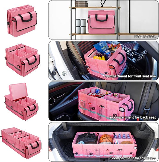 GDNasist Car Trunk Organizer and Storage with Lid & Removable Cooler Bag, Car Accessories 6 Removable Dividers for Custom Space, Collapsible Large Trunk Organizers Interior for SUV & Sedan, Pink