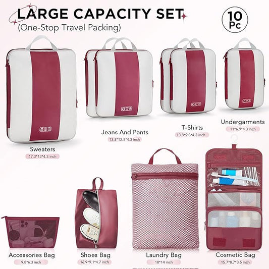 OlarHike 10-Pack Compression Packing Cubes for Travel Essentials,Compressible Expandable Packing Cubes for Suitcase,Luggage Garment Bags for Travel,Handy Helper for Organizing Clothes(Wine Red)