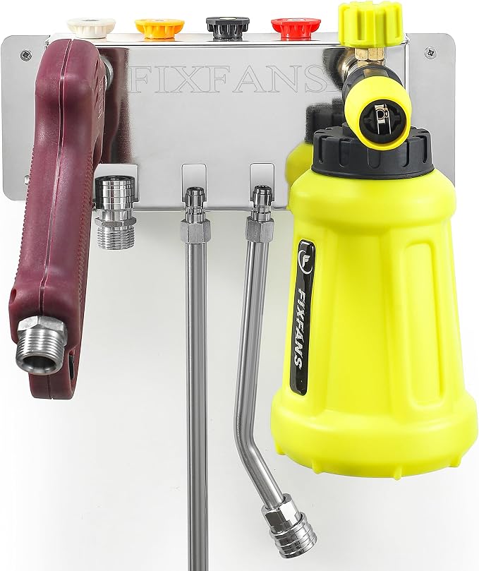 FIXFANS Pressure Washer Foam Cannon Holder, Wall Mounted | Power Washer Gun Storage, 1/4" Quick Connect, Nozzle Tips & Wand Extension Kit Organizer, Car Wash Accessories Rack