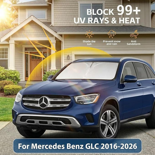 Windshield Sun Shade for Benz GLC 2016-2024 2025 2026 Front Window Shade Custom Fit GLC Accessories Sun Visor Foldable Shade Blocks UV Rays Summer Must Have Car Accessories