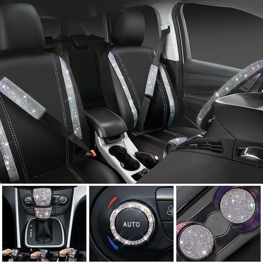 CAR PASS Bling Diamond Leather Seat Covers Sets 12pcs Shining Car Accessories Set for Women, Sparkly Rhinestone Steering Wheel Cover, Glitter Cute Crystal for Women Girl, Bedazzed Multicolor Diamond
