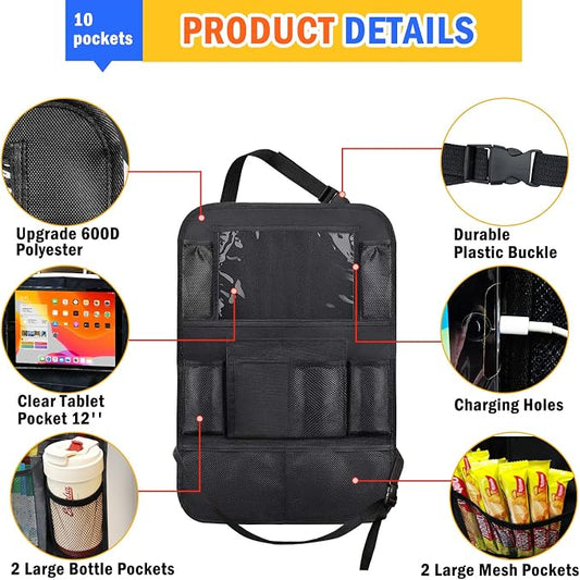 Backseat Organizer for Car, 2 PCS Seat Back Cover for Kids Toddlers with 10 Storage Pockets & 11″ Tablet Holder, Waterproof Back Seat Protector for Snacks Toys, Travel Accessories