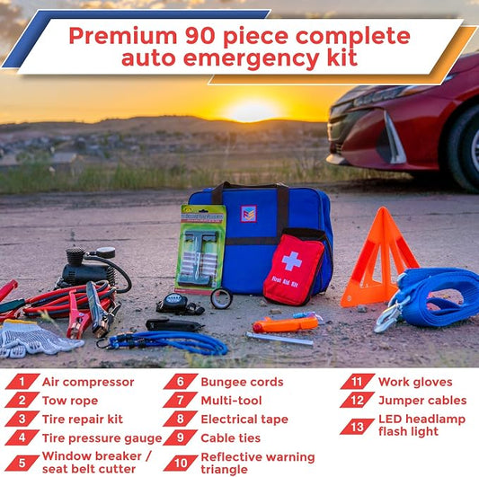 Car Emergency Kit with Air Compressor, Jumper Cables, First Aid, Tow Strap, Tire Gauge, Headlamp – Roadside Safety Kit for Women, Men, Teens