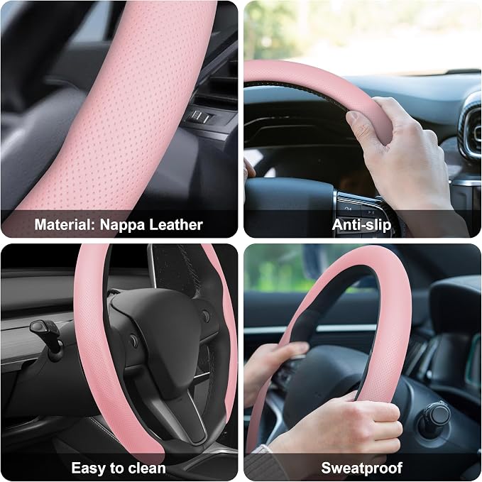 Frani Nappa Leather Steering Wheel Cover,Universal Fit 15 Inch-Premium Non-Slip Breathable Comfort Grip for Cars Trucks SUVs,Anti-Slip Durable Interior Upgrade Light Pink