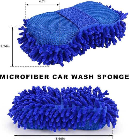 Microfiber Car Wash Sponge, Scratch-Free Vehicle Washing Mitt with Chenille & Mesh Sides, Highly Absorbent Sponge Lint-Free Cleaning Tool for Car Washing & Detailing (Blue)