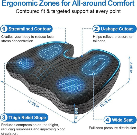 Car Seat Cushion for Driving Comfort & Support - Premium Memory Foam Seat Pad with Breathable Washable Cover, Non-Slip Bottom, Road Trip Essentials for Car Seats