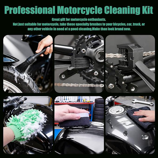 13PCS Motorcycle Cleaning Kit, Motorcycle Detailing Kit Overall Cleaner Tools Car Washing Brush Rims Cleaning Kit Chain Tire Wheel Brush Set Chain Tire for Car Bike Motorbike (Green)