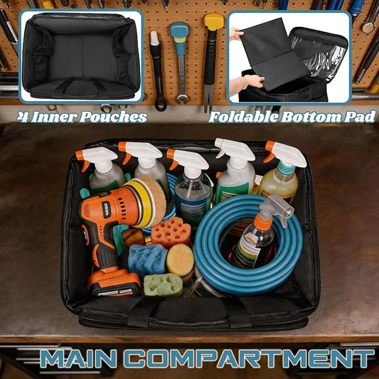 Large Car Detailing Organizer with Hard Pad Support, Car Detailing Bag with Multiple Pockets, Cleaning Bags for Housekeepers, Cleaning Supply Bag, Black
