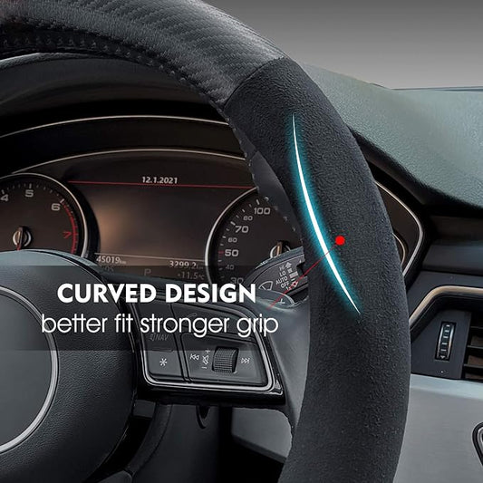 Carodi Suede Carbon Fiber Steering Wheel Cover Car Non-Slip Leather Car Interior Fitting 15-inch Universal(D-Shape,Black )