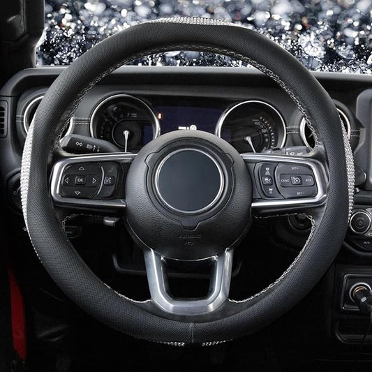 KAFEEK White Crystal Steering Wheel Cover, Sparkly Clear Diamond Breathable Leather Car Protector, Universal 15 Inch Fit for Women Girls, Anti-Slip Comfortable, Silver White
