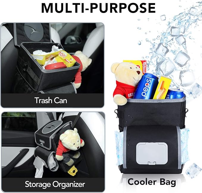 Farasla All-in-One Car Trash Can, Garbage Bag for Car with Removable Leakproof Interior Liner, Adjustable Tissue Holder & Straps(Black)