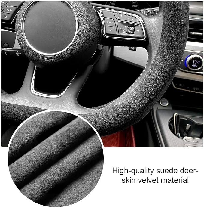 Carodi Suede Steering Wheel Cover ,Non-Slip Leather Car Interior Fitting 15-inch Universal(D-Shape,Black red Label)