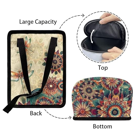 Talayituse Vintage Boho Mandala Dragonfly Print Car Trash Bin, Large Size Auto Trash Can Adjustable Portable Garbage Can with Lid, Vehicle Hanging Bag for Headrest Front Back Seat