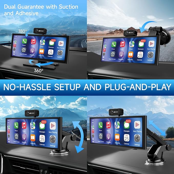 CarPlay Screen for Car Tablet Android Auto Smart Screen for Car, 4K Dash Cam Portable Car Play with 3 Channel Camera,10.26” Wireless Display with FM Radio Stereo Bluetooth 5.2, 128GB TF Card Black