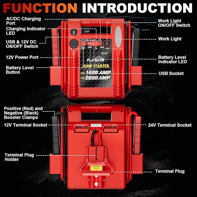 2800A/1400A Heavy Duty 12V/24V Car Jump Starter & Battery Booster – Jumper Pack, Lead-Acid Emergency Power for Cars, Trucks, SUVs, Boats, RVs | FlyAuto