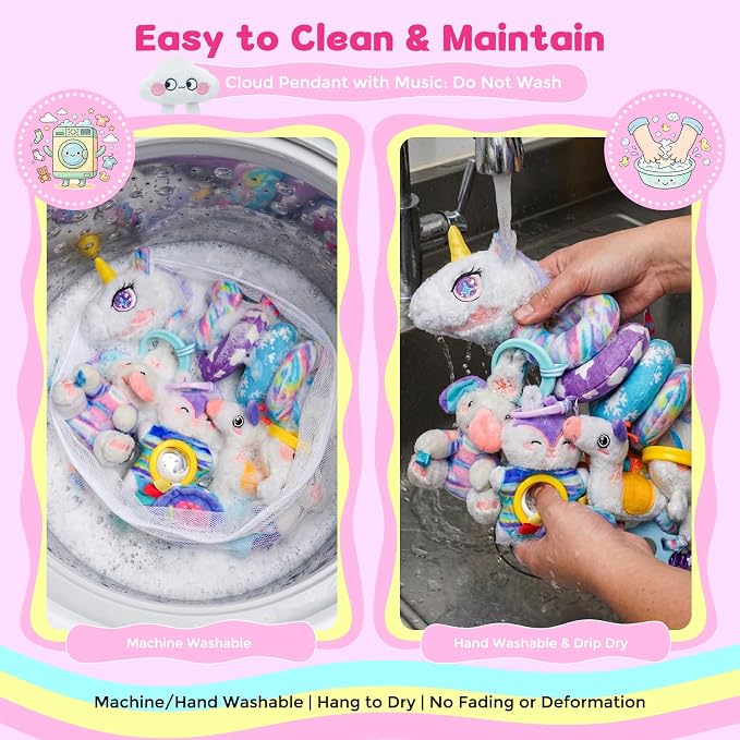 Car Seat Toys for Babies 0-6 Months, Unicorn Carseat Toys Hanging Baby Car Seat Toys, Stroller Toys with Music Rattle, Sensory Hanging Toys for Newborn Infant Crib
