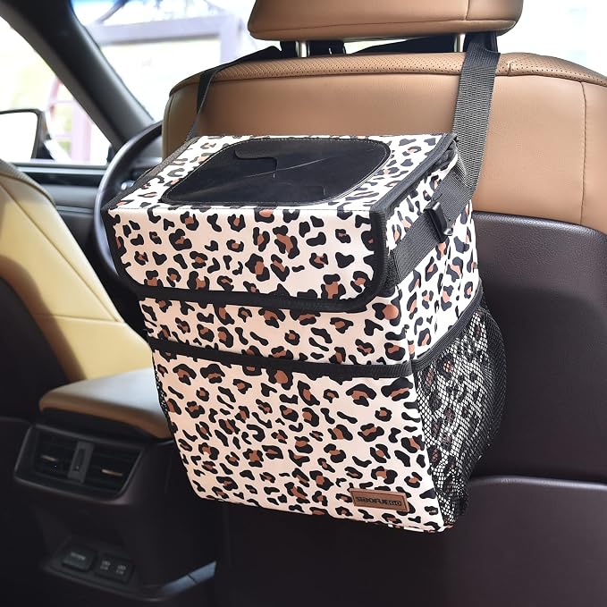 SIBOFUEGO Cute Car Trash Can with Lid โ Multipurpose Collapsible Trash Bin for Car, Leak-Proof Organizer, Waterproof Garbage Can with Storage Pockets & Adjustable Straps, 2 Gallons (Leopard Print)