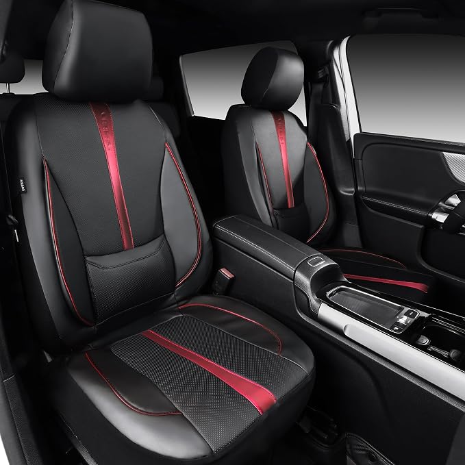 CAR PASS Nappa Leather Two Front Car Seat Covers, Water Resistant Faux PU Leather Seat Covers, 3D Foam Support Automotive Seat Covers Comfortable & Durable Universal Fit for Cars SUV Truck, Black Red