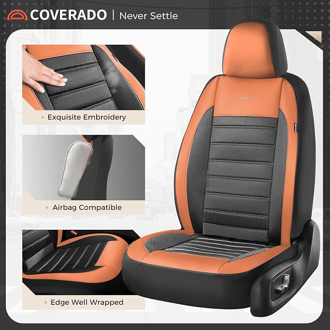 Coverado Car Seat Covers Full Set, Luxury Leather Car Seat Protector, Automotive Front and Rear Mesh Seat Covers, Full Set 5 Seats, Orange&Black Seat Cushion for SUV Sedan Truck