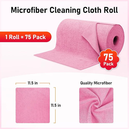Microfiber Cleaning Cloth Roll, 75 Pack Tear Away Microfiber Towel, Reusable Washable Shop Towels, Lint Free Cleaning Rags for Car Home Kitchen Garage & Automotive 11.5"x11.5" Pink