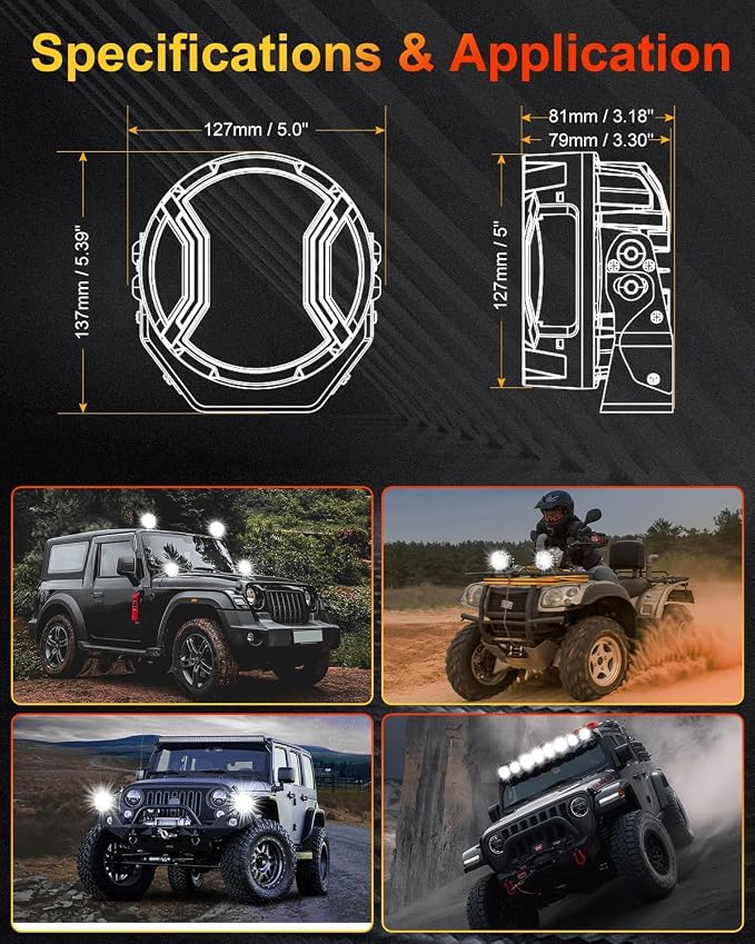5In LED Light Pods, Super Bright Offroad Round Driving Lights with Amber DRL, 270° Wide Range Side Shooter White Spot Beam Universal Auxiliary Light with Wiring Harness Kit - 2Pack