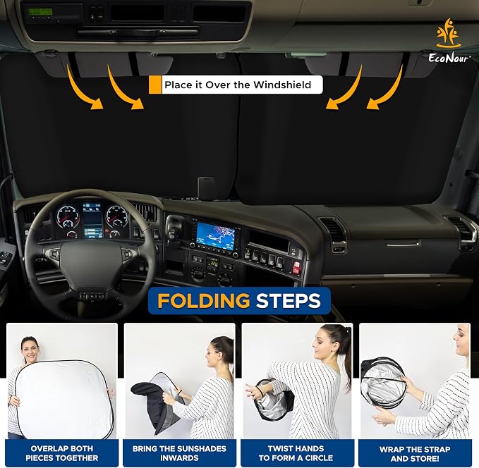 EcoNour 2-Piece Foldable RV Windshield Sun Shade, 240T Reflective Polyester, UV Protection & Heat Block for Truck, Motorhome & Bus Front Window, Keeps Interior Cool – (50" L x 41.5" W)