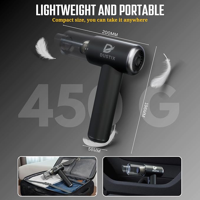 Car Vacuum Cordless Handheld Vacuum Cleaner Mini Portable Car Vacuum Brushless Motor Rechargeable Type C Blower Inflator Deflator Car Cleaning Kit (DX-1 Pro)