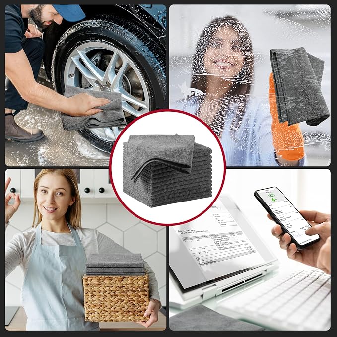 Oudain 16 Pcs Microfiber Cleaning Cloth 16x16 Inch Microfiber Towels for Car Ultra Absorbent Cleaning Rags Reusable Lint Free Streak Free Detailing Towel for Car Washing Drying Dusting (Gray)