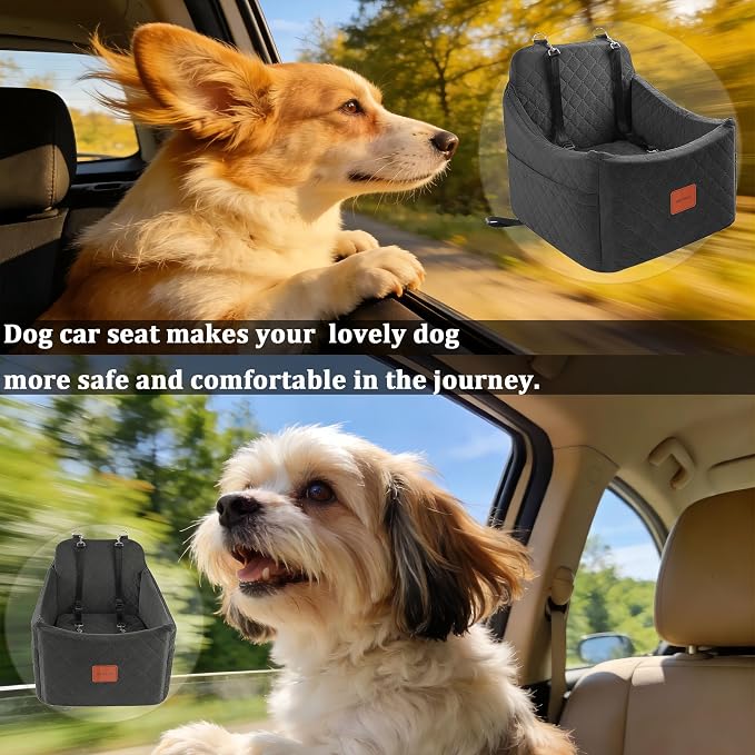 Small Dog Car Seat, Memory Foam Dog Booster Car Seats with Thick Cushion for Medium Dogs Under 35lbs, Detachable Washable Pet Seat with Storage Pockets,2 Safety Belts (Black, Medium)